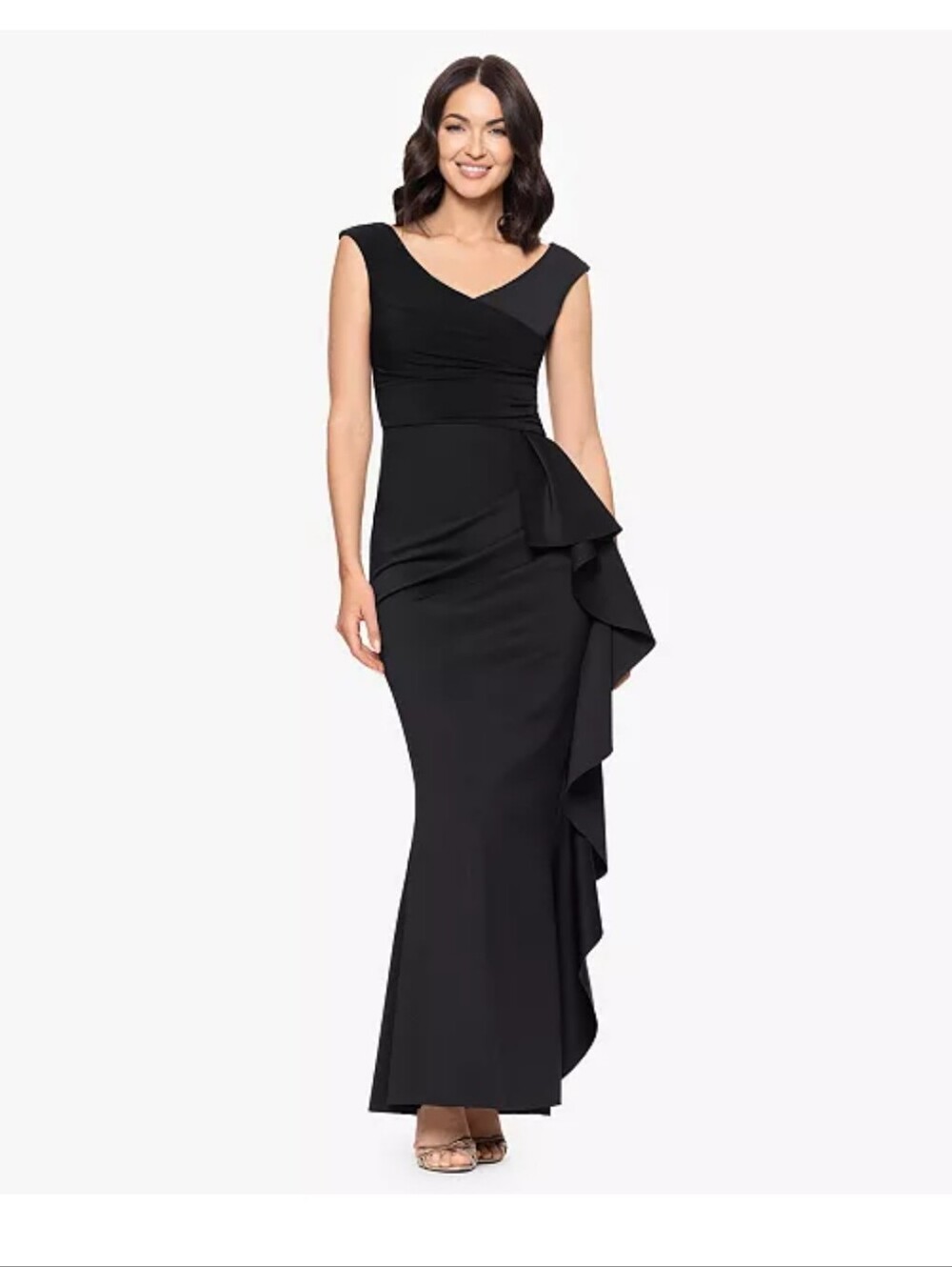 Betsy & Adam NWT Size 6 Black Ruffle Draped Formal Maxi Gown $229 Party